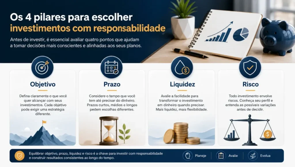 evolua sua renda: Infográfico sobre objetivo, prazo, liquidez e risco nos investimentos