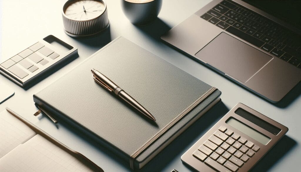 Caderno, planner e caneta sobre mesa organizada, representando disciplina financeira e hábitos diários