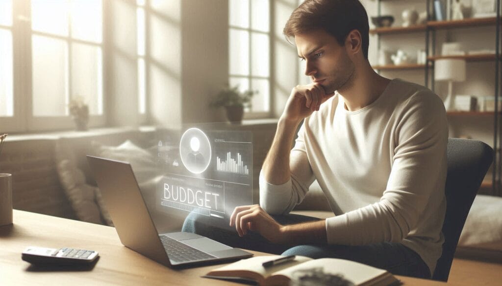 Pessoa relaxada sorrindo com laptop à frente, simbolizando controle emocional e decisões financeiras conscientes