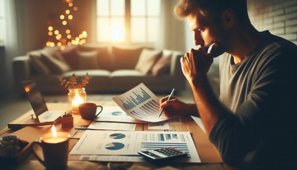 Pessoa analisando planilhas e gráficos financeiros, refletindo sobre hábitos e metas