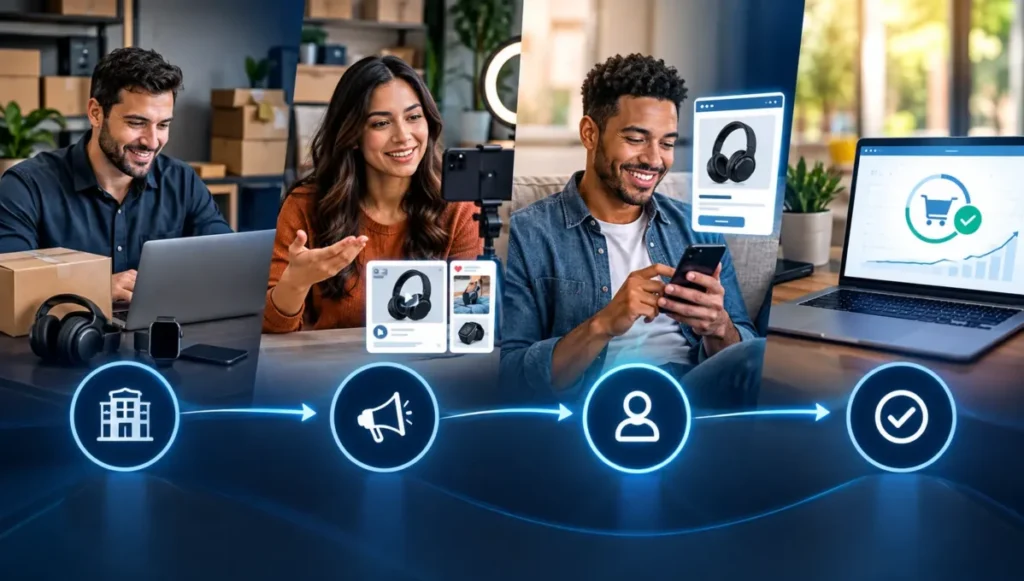 Fluxo de funcionamento do marketing de afiliados entre produto divulgação e conversão