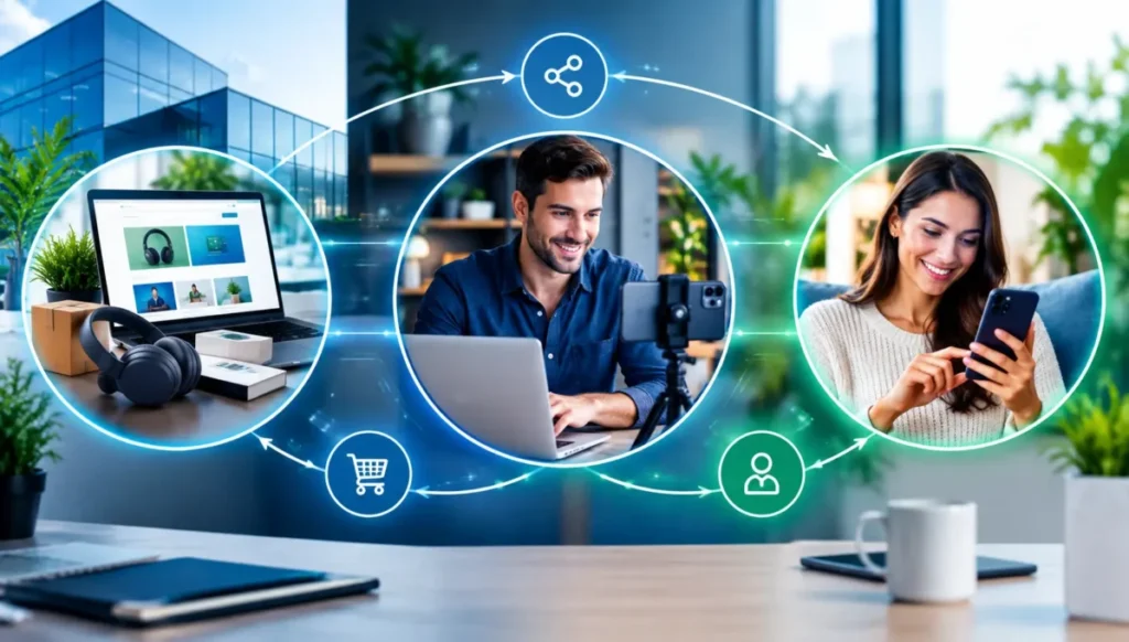 Ecossistema do marketing de afiliados conectando anunciantes afiliados e consumidores