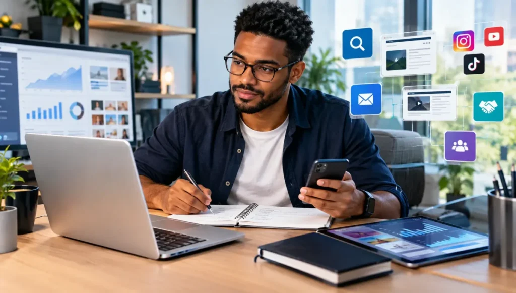 Profissional desenvolvendo uma estratégia digital de marketing de afiliados