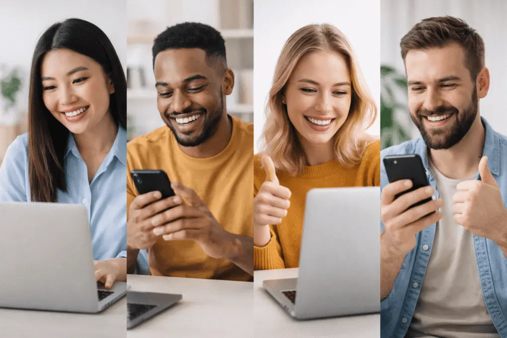 Alunos utilizando computador e celular para estudar negócios digitais
