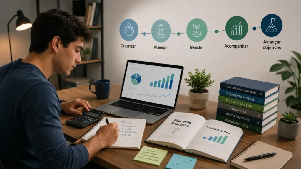 Pessoa iniciante estudando educação financeira com notebook calculadora e caderno