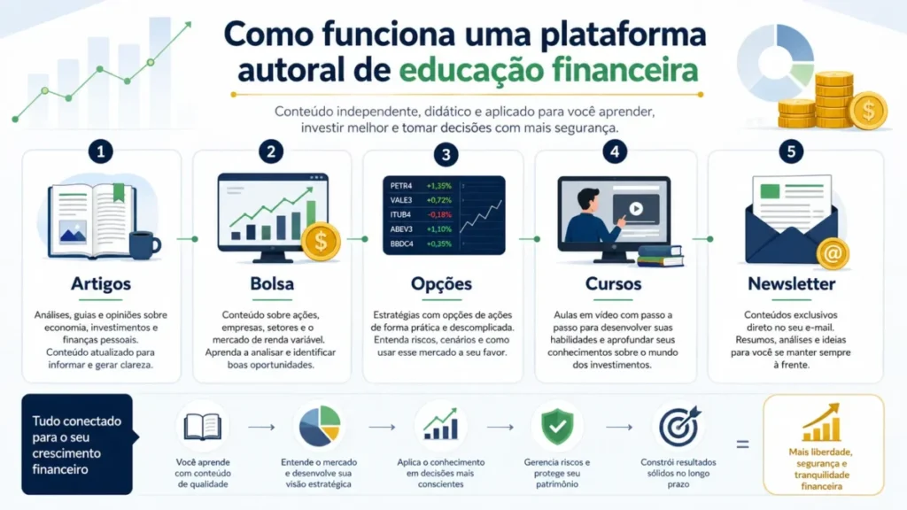 Infográfico sobre artigos Bolsa opções cursos e newsletter em site financeiro