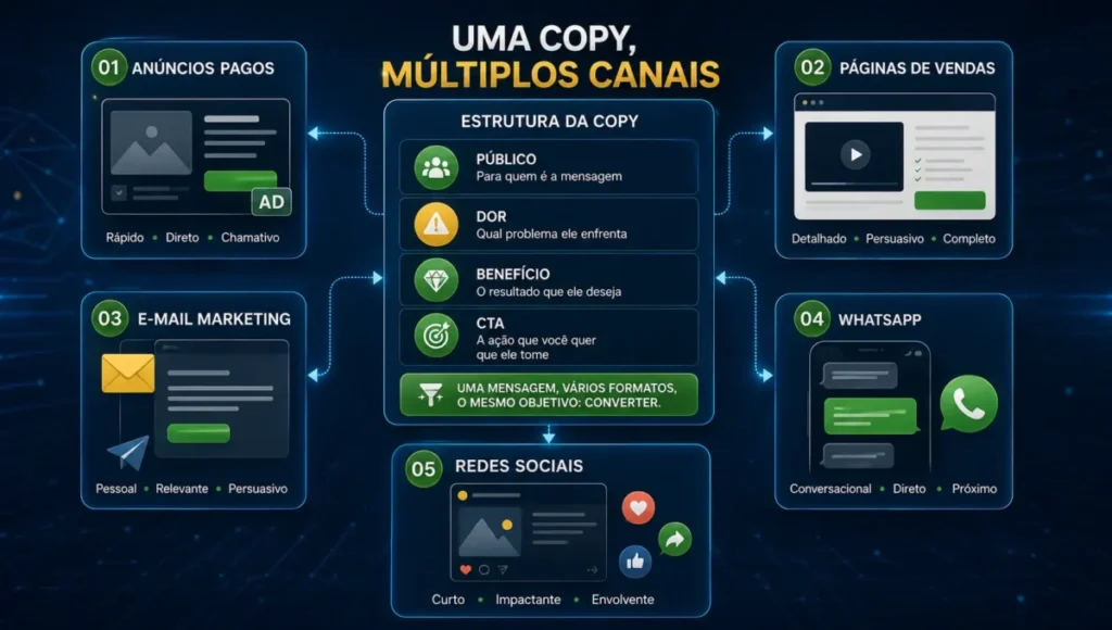 Copy adaptada para anúncios, páginas de vendas, e-mails, WhatsApp e redes sociais
