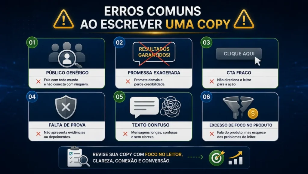 Erros comuns ao escrever uma copy, como promessa exagerada, CTA fraco e público genérico
