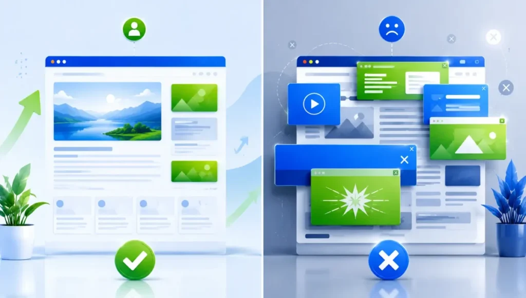 comparação visual entre anúncios estratégicos x anúncios excessivos.