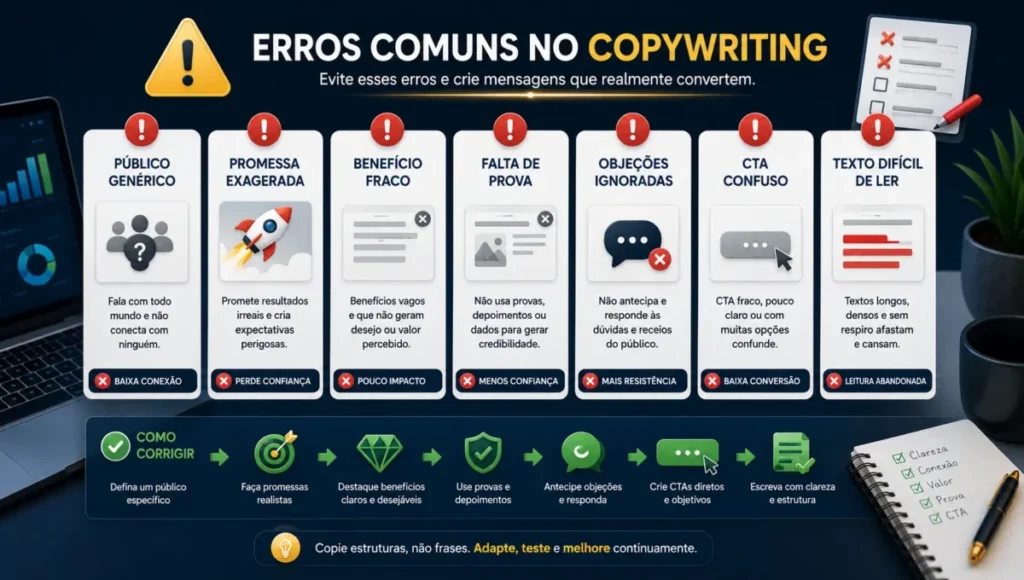 Erros comuns no copywriting como promessa exagerada, CTA fraco e falta de prova