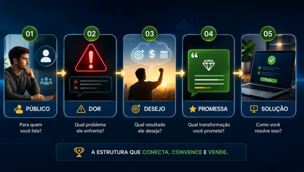 Apresente a solução Estrutura inicial de uma copy com público, dor, desejo, promessa e solução
