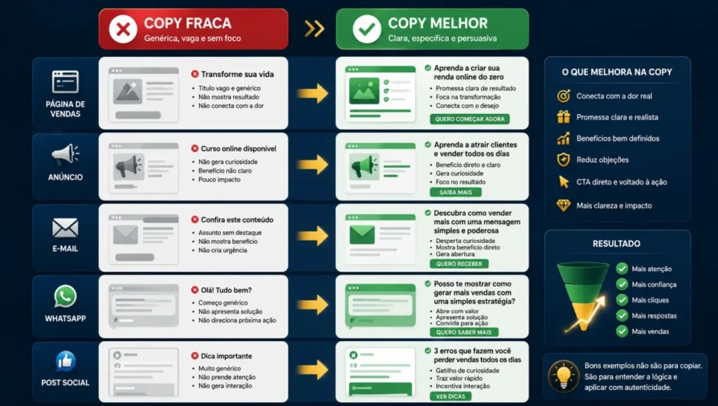 Exemplos de copywriting na prática com comparação entre copy fraca e copy melhor