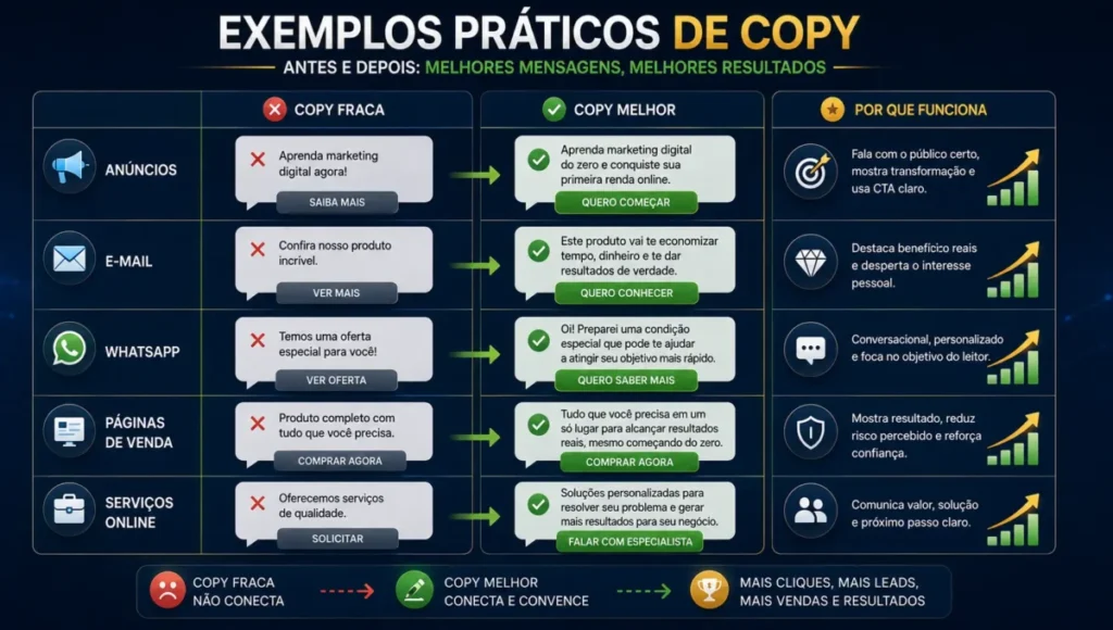 Exemplos práticos de copy pronta comparando copy fraca e copy melhor