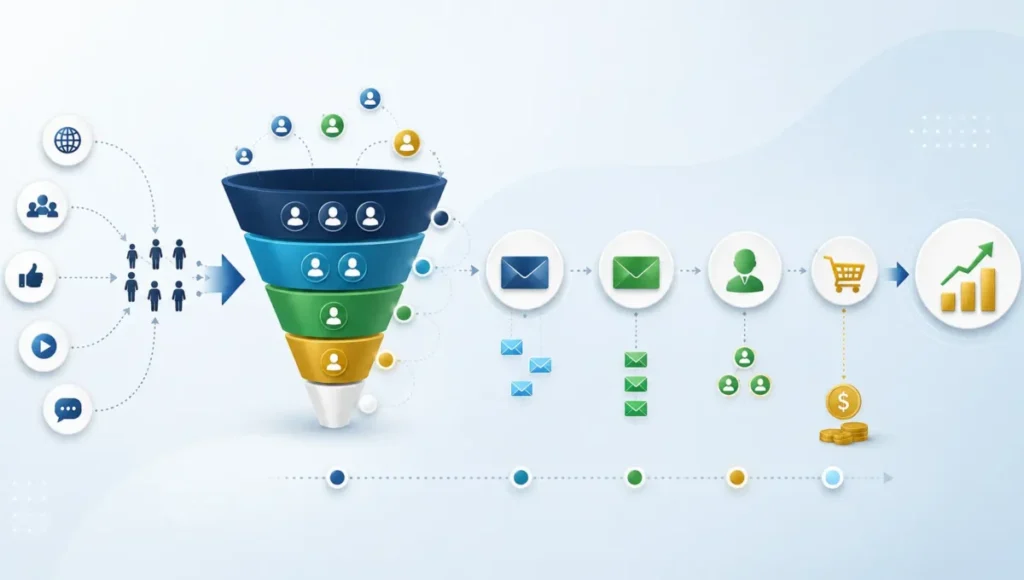 Funil de e-mail marketing com geração de leads, nutrição e vendas
