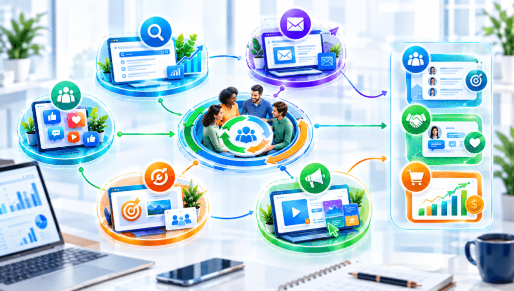 Integração do Inbound Marketing com SEO, e-mail, redes sociais, remarketing e mídia paga