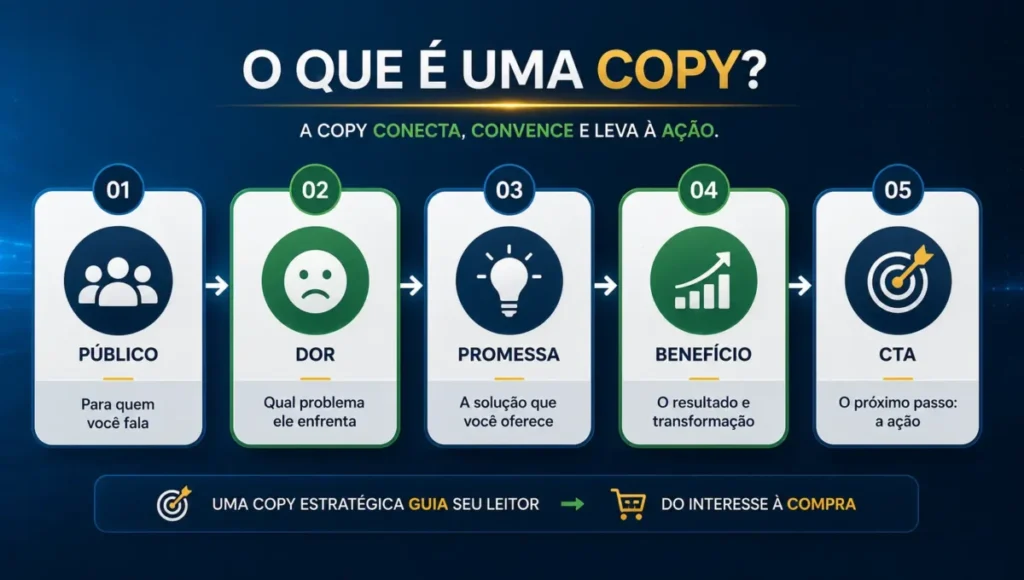 Infográfico explicando o que é uma copy e como ela conduz o leitor para uma ação
