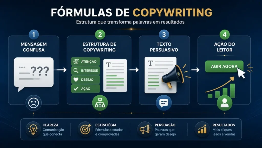 infográfico conceitual. - Infográfico explicando o que são fórmulas de copywriting e como elas organizam uma mensagem persuasiva
