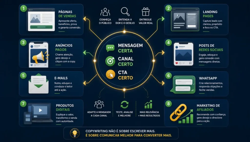 Onde usar copywriting no marketing digital em páginas, anúncios, e-mails e redes sociais