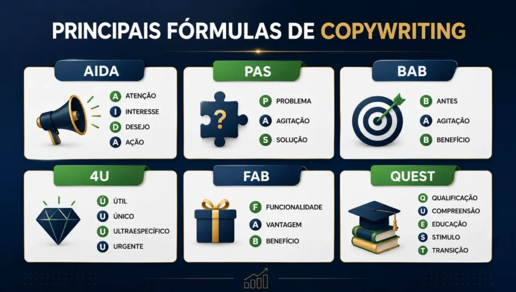 Tabela visual com as principais fórmulas de copywriting como AIDA, PAS, BAB, 4U, FAB e QUEST
