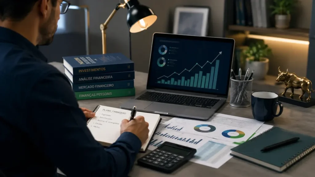 Autor produzindo conteúdo sobre educação financeira investimentos e independência financeira