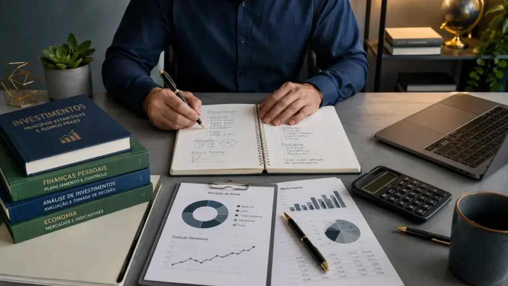 Autor escrevendo conteúdos sobre educação financeira e investimentos