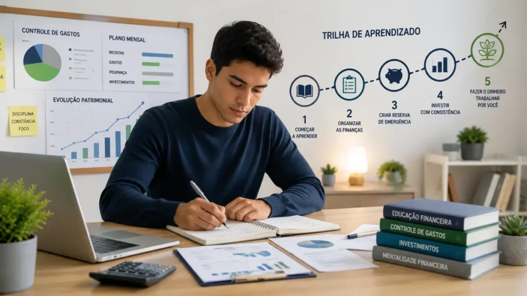 Pessoa iniciante estudando educação financeira com notebook planilha e calculadora