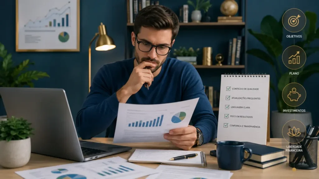 Pessoa avaliando se o Quero Ficar Rico vale a pena como fonte de educação financeira