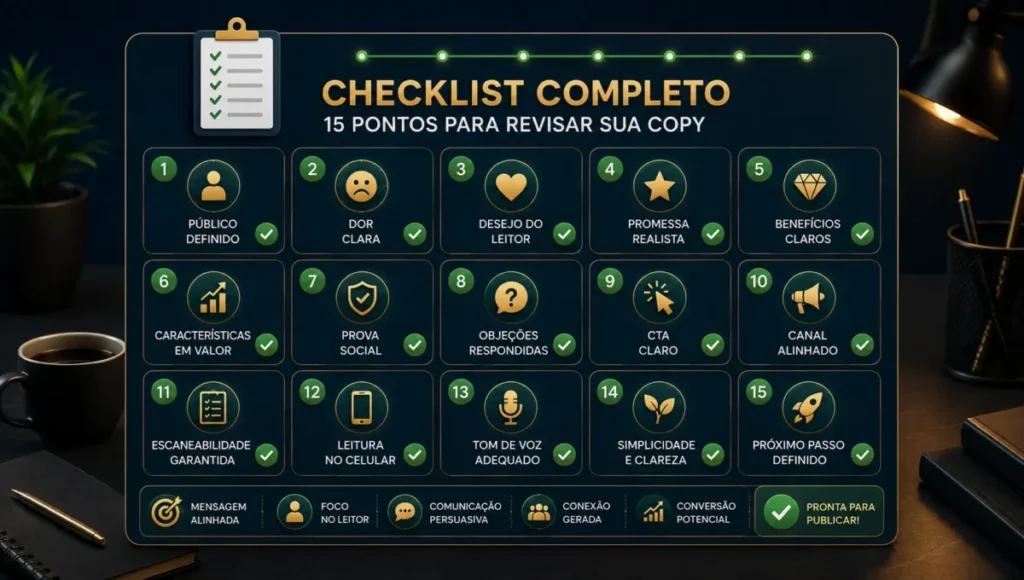 Checklist completo de copywriting com 15 pontos para revisar antes de publicar