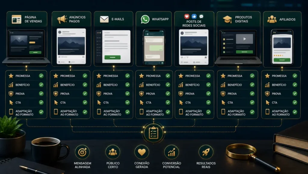 Checklist de copywriting por canal para páginas, anúncios, e-mails, WhatsApp e redes sociais