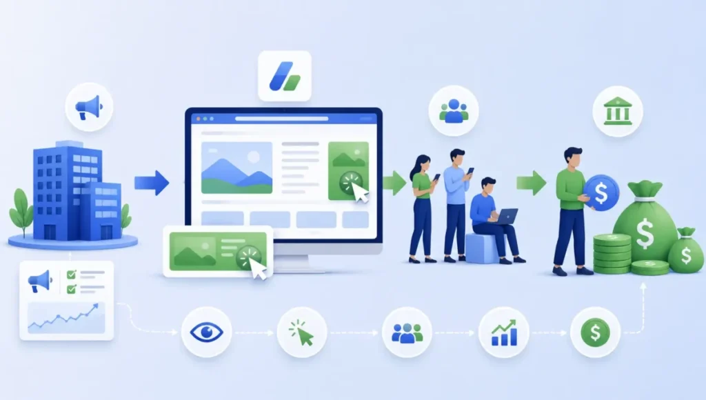 fluxo do AdSense, anunciantes → anúncios → site → receita