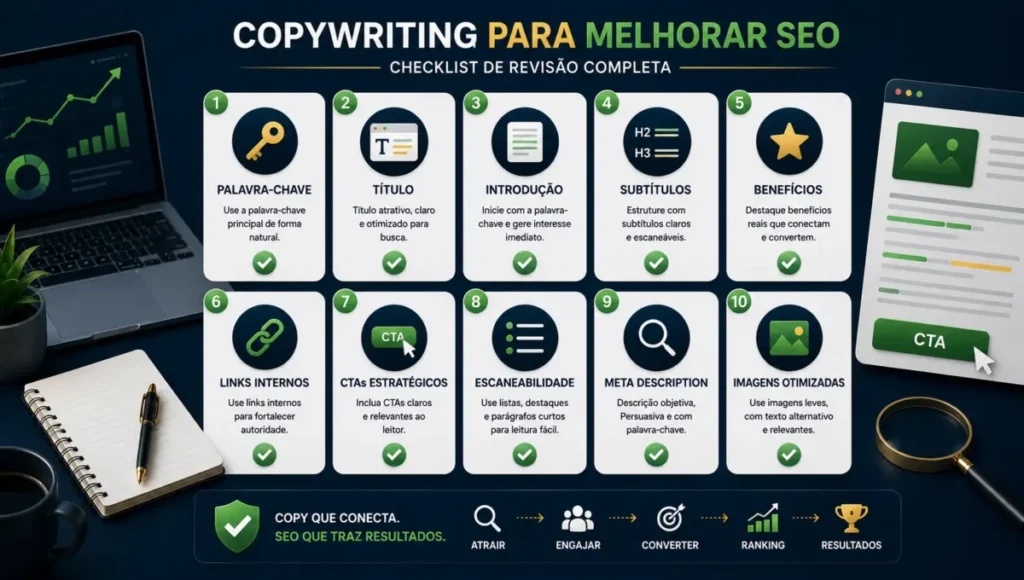Checklist visual sobre como usar copywriting para melhorar SEO