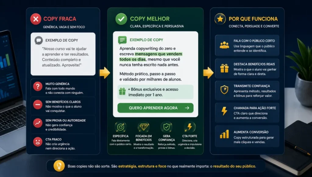 Exemplos de copywriting aplicados em páginas de vendas, anúncios, e-mails, WhatsApp, posts e afiliados