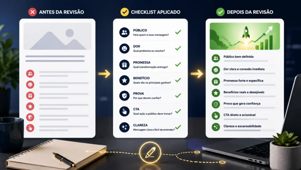 Exemplo de copy revisada com checklist de copywriting