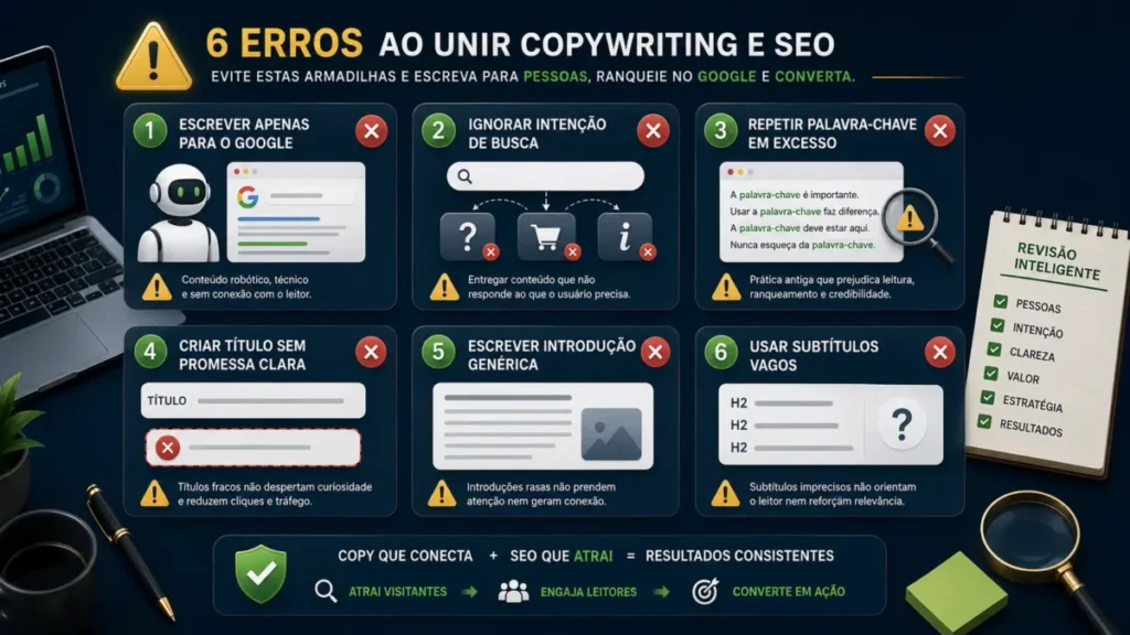 Erros ao unir copywriting e SEO como repetição de palavra-chave e título sem promessa