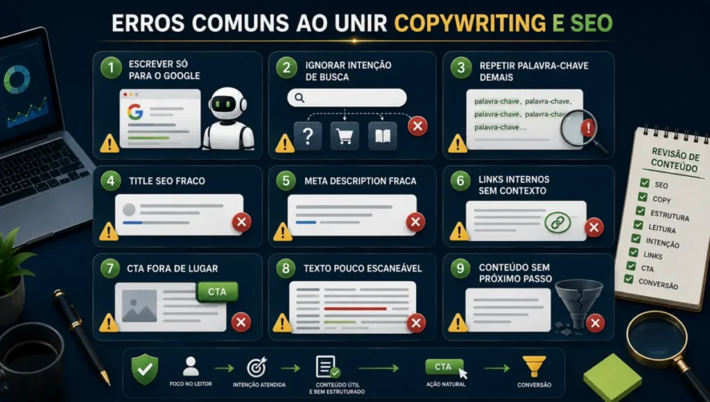 Lista visual com erros comuns ao unir copywriting e SEO