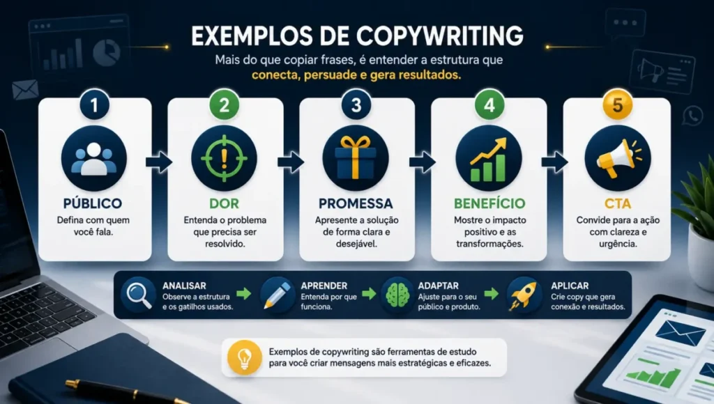 Infográfico explicando como analisar exemplos de copywriting por público, dor, promessa, benefício e CTA
