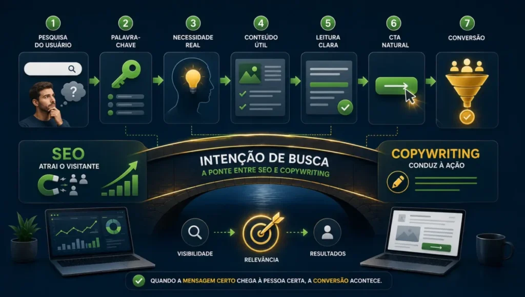 Intenção de busca conectando SEO, copywriting, conteúdo útil e conversão