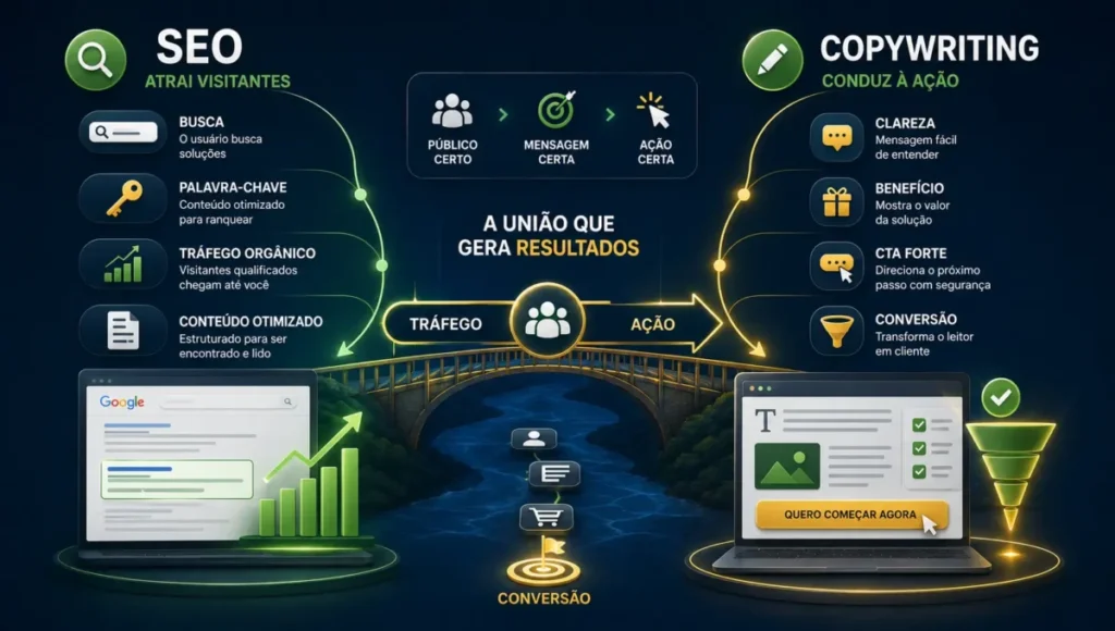 Infográfico explicando como copywriting e SEO trabalham juntos para atrair e converter leitores