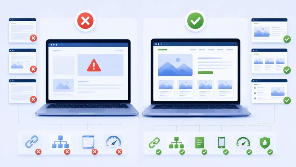 comparação entre site fraco e site estruturado