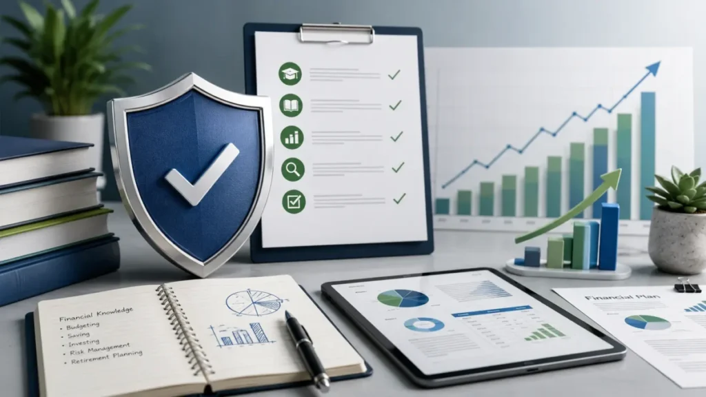 Conceito de confiança em educação financeira com checklist e gráficos