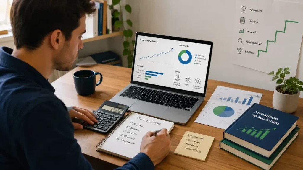 Pessoa iniciante estudando finanças e investimentos no notebook