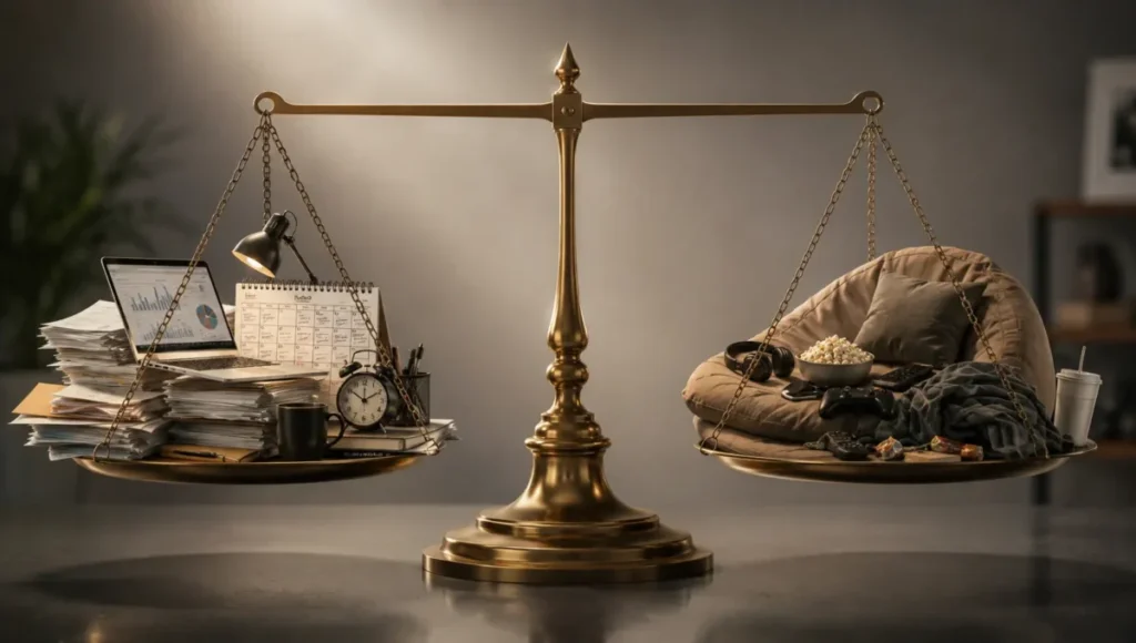 Balança em equilíbrio entre excesso de trabalho e excesso de lazer, representando a importância do equilíbrio financeiro e pessoal
