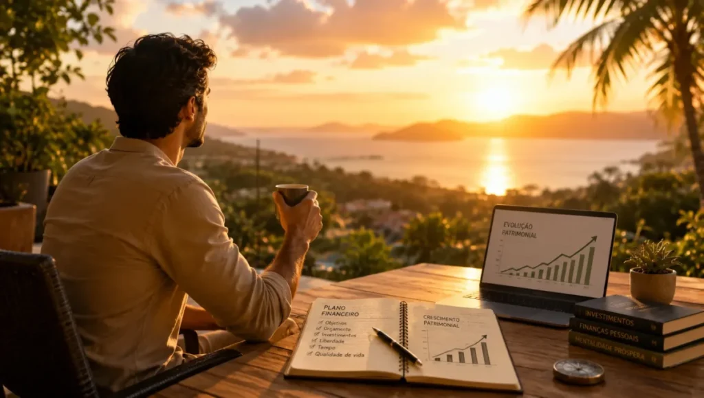 Pessoa observando o horizonte ao pôr do sol com elementos sutis de organização financeira, simbolizando liberdade e equilíbrio financeiro