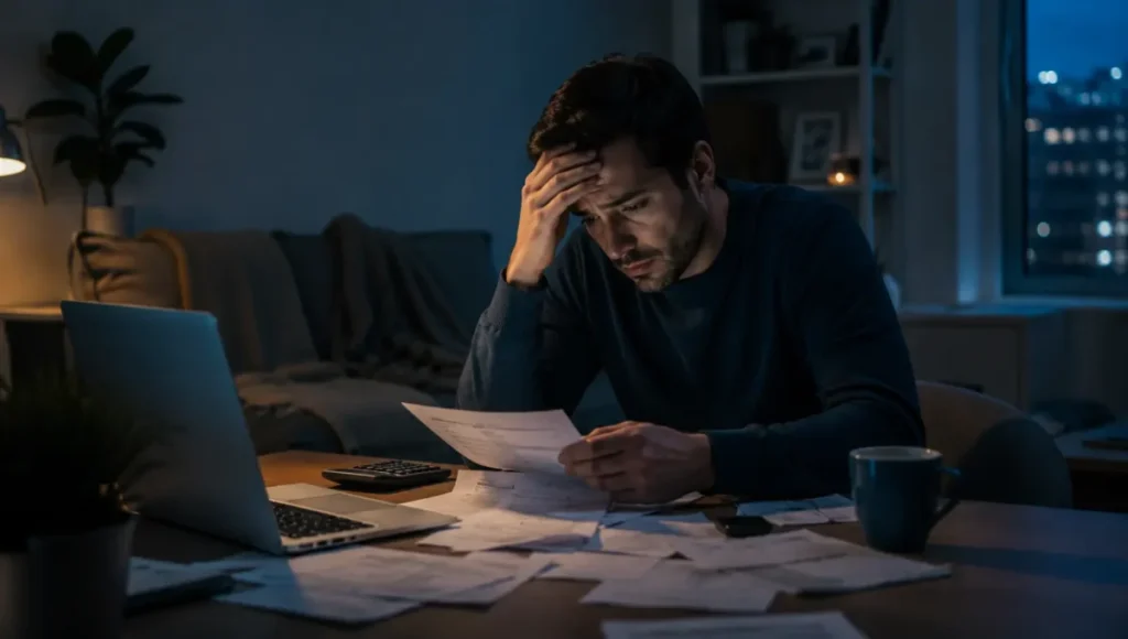 Pessoa preocupada analisando contas e despesas em um ambiente doméstico, representando dificuldades financeiras inesperadas