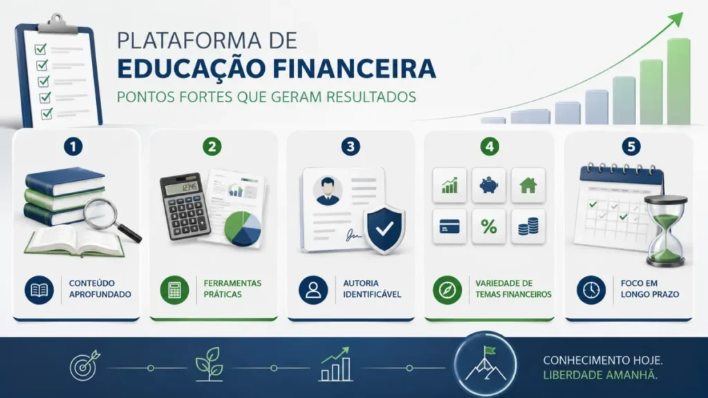 Checklist visual com pontos fortes de um site de educação financeira