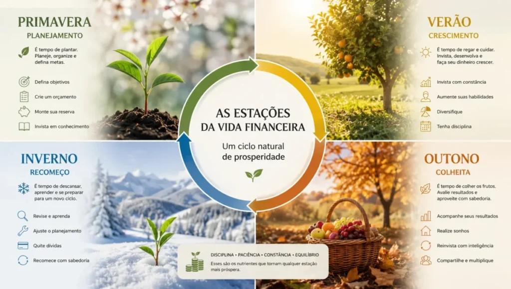 Infográfico visual das quatro estações do ano representando fases da vida financeira como planejamento, crescimento, colheita e recomeço