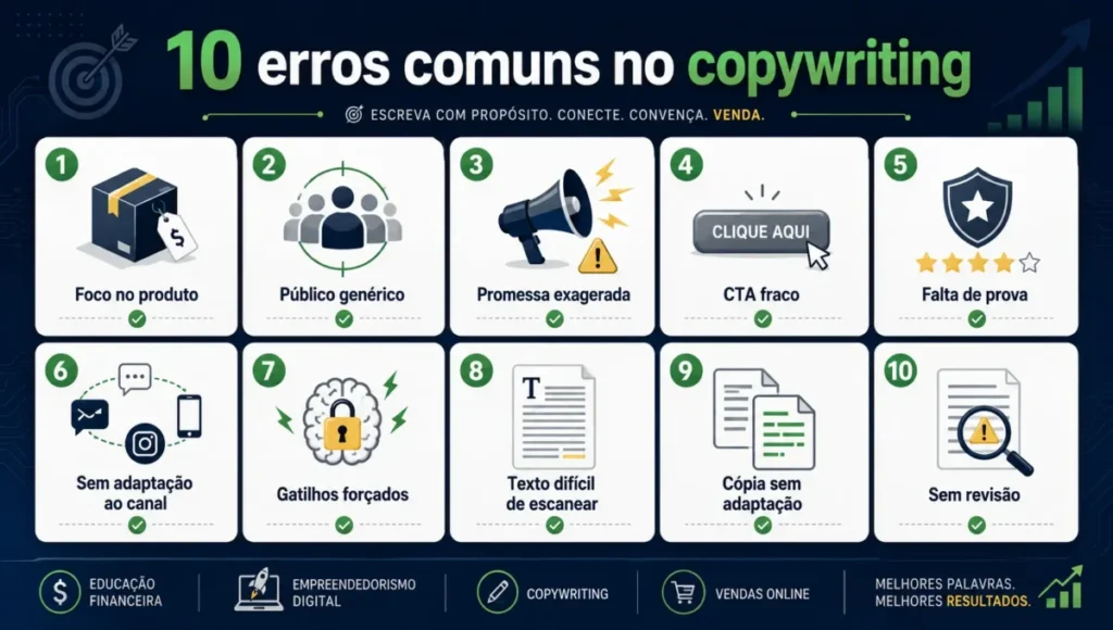 Lista visual com 10 erros comuns no copywriting para evitar antes de publicar