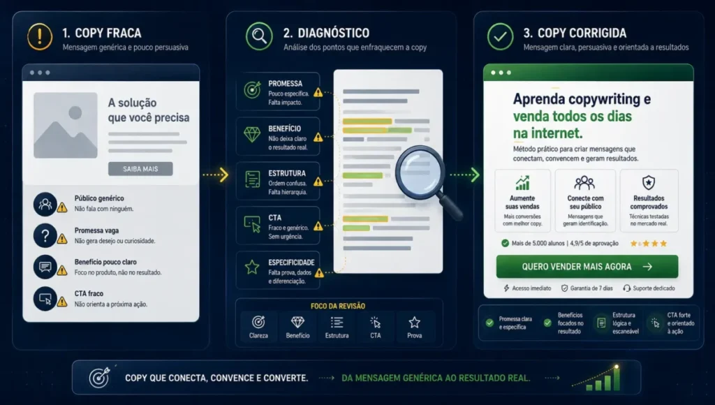 Exemplo visual mostrando como corrigir uma copy fraca na prática