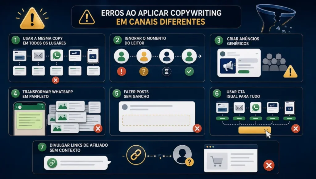 Erros ao aplicar copywriting em canais diferentes como repetir a mesma mensagem e usar CTA inadequado