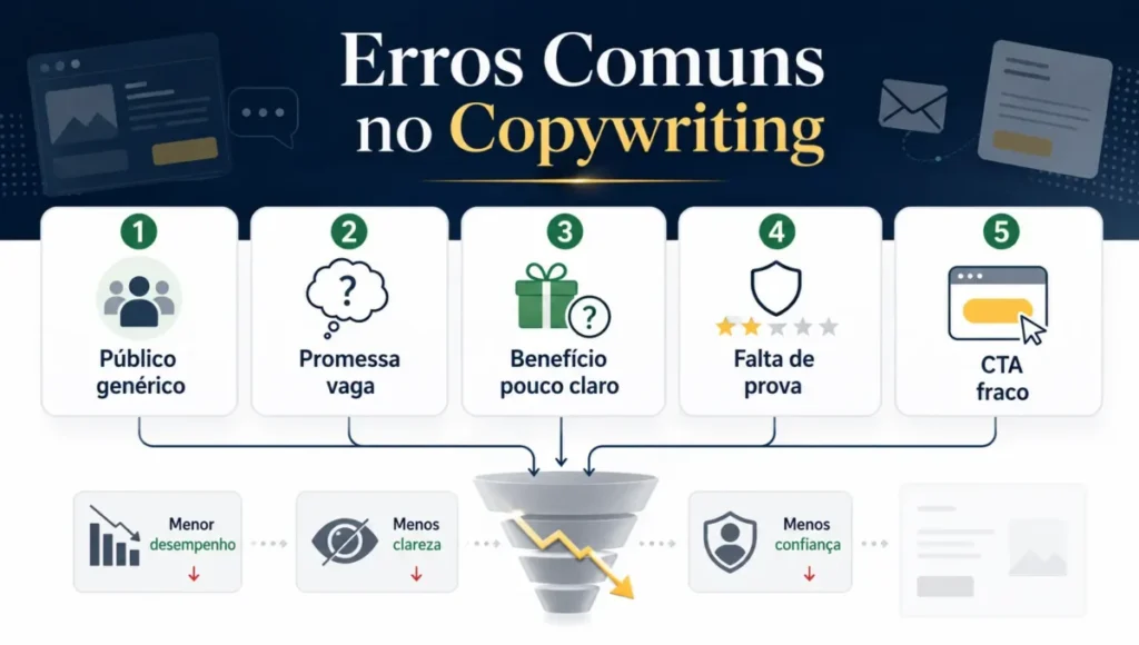Infográfico explicando erros comuns no copywriting como público genérico, promessa vaga e CTA fraco